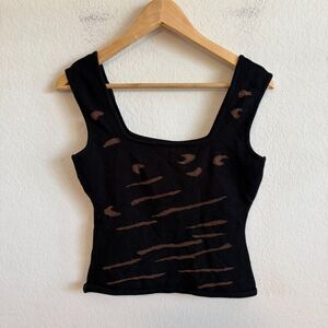 ANGELICA VAL Vtg Y2K Black Tiger Stripes Sheer Fitted Crop Top Womens Medium